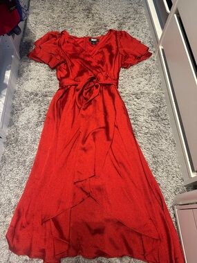 DKNY Red Satin Wrap High-Low Dress